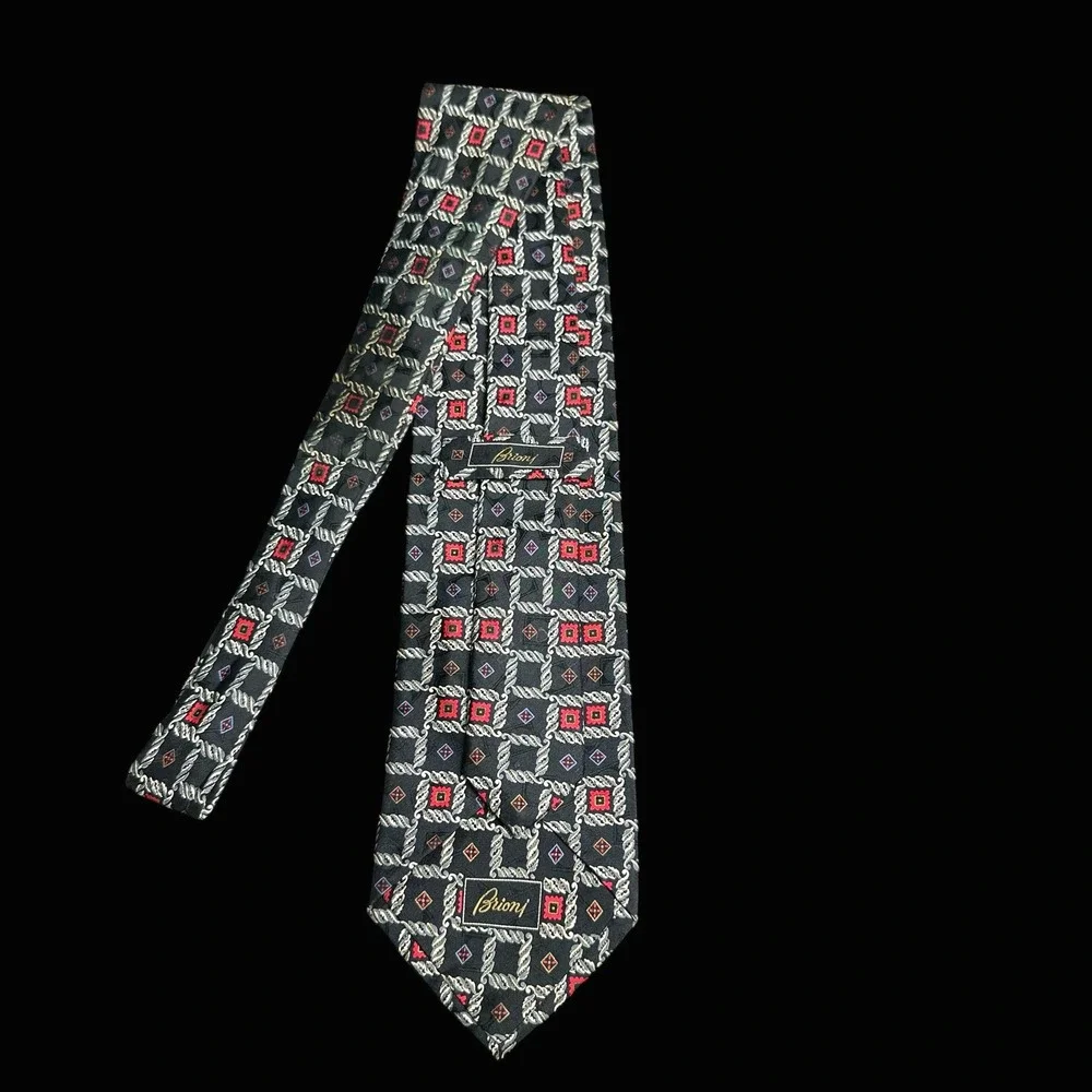 Brioni Mens Silk Tie Black Red Silver Rope‎ Medallion Geometric Handmade Italy